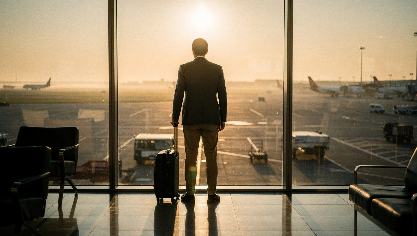 Man at an international airport at sunrise, symbolizing a conscious journey to find a life partner through international dating on Step2Love