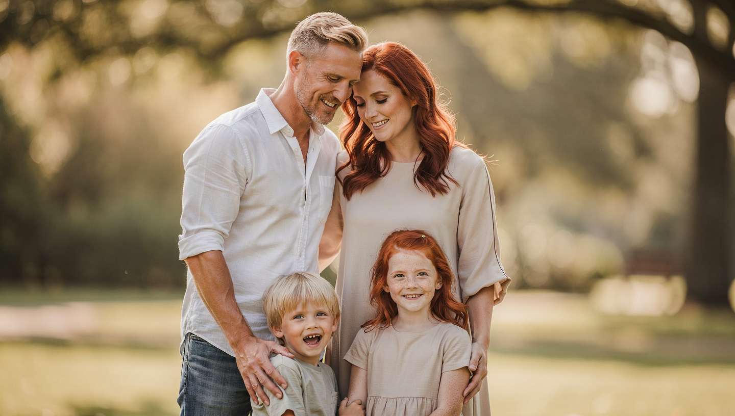 A happy family, created through clever online dating, a mature man and a loving partner building a happy life with children.