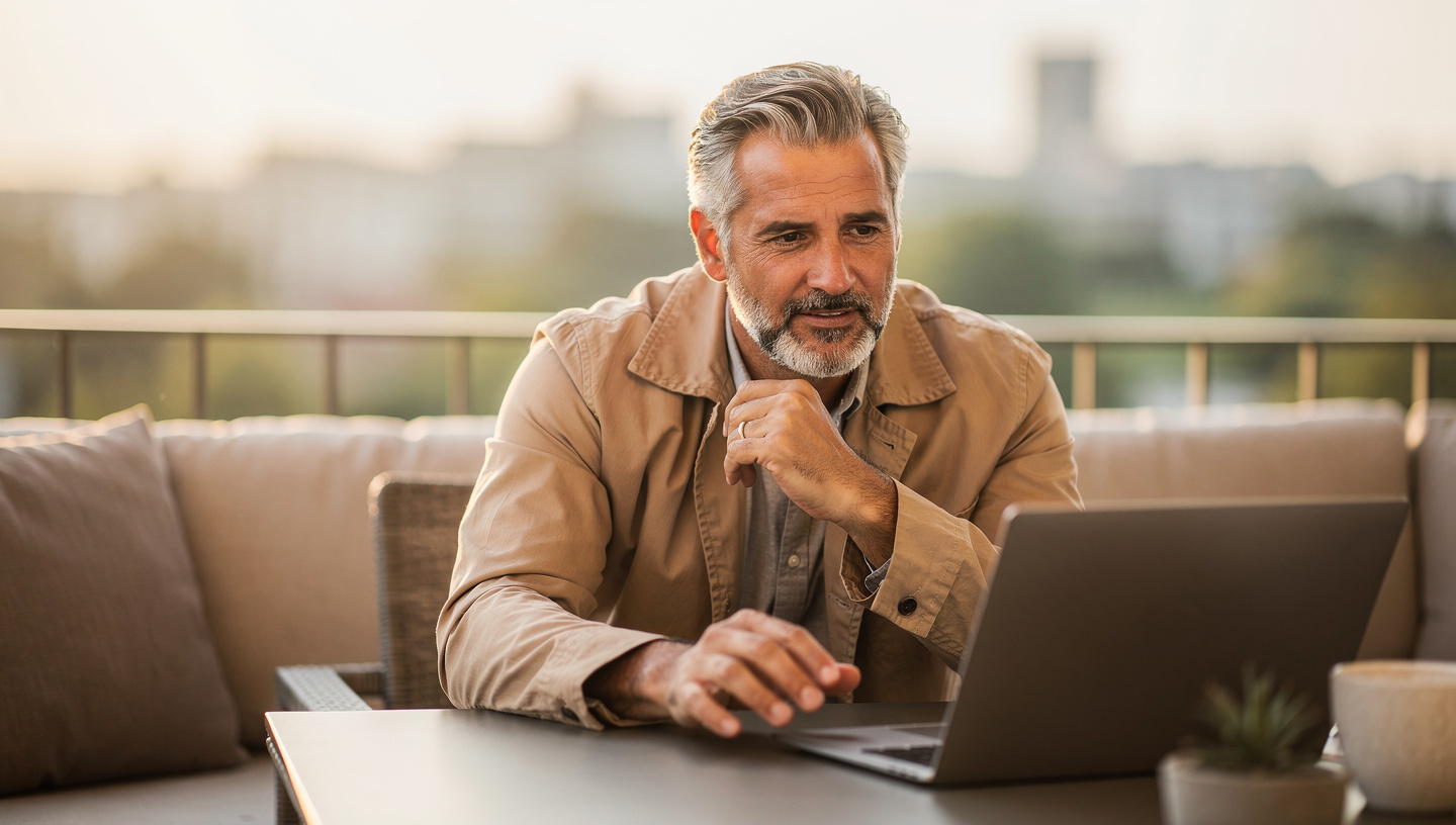 Mature man communicating confidently online on Step2Love modern dating for serious relationships