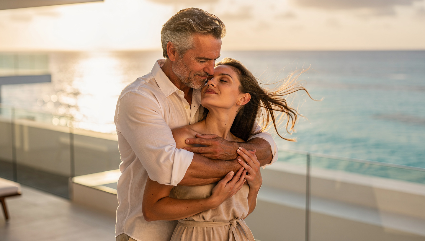 A romantic couple embraces on a terrace – true emotional connection and international love on Step2Love