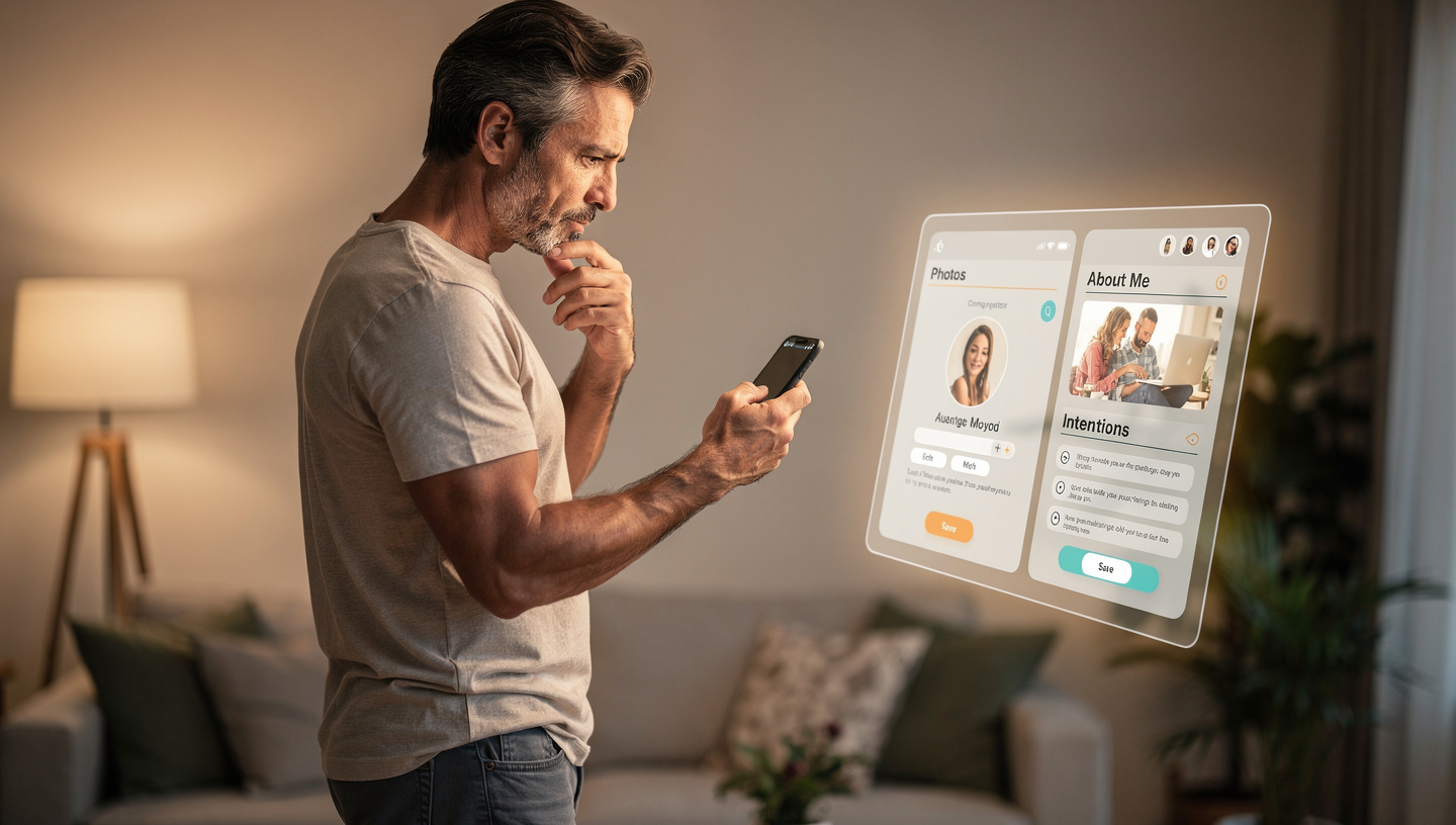 A man creates his profile on a dating site in 2026 to purposefully find partners and have successful dates.