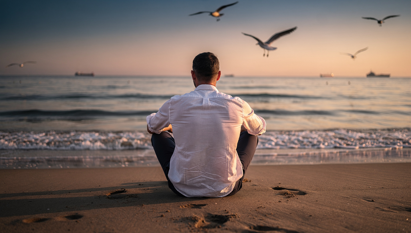 man after breakup reflecting on beach sunrise ready for new love step2love