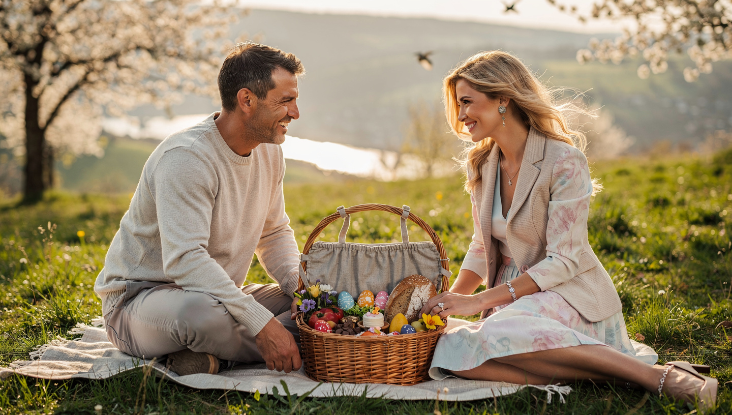 romantic easter picnic couple with basket eggs spring date step2love