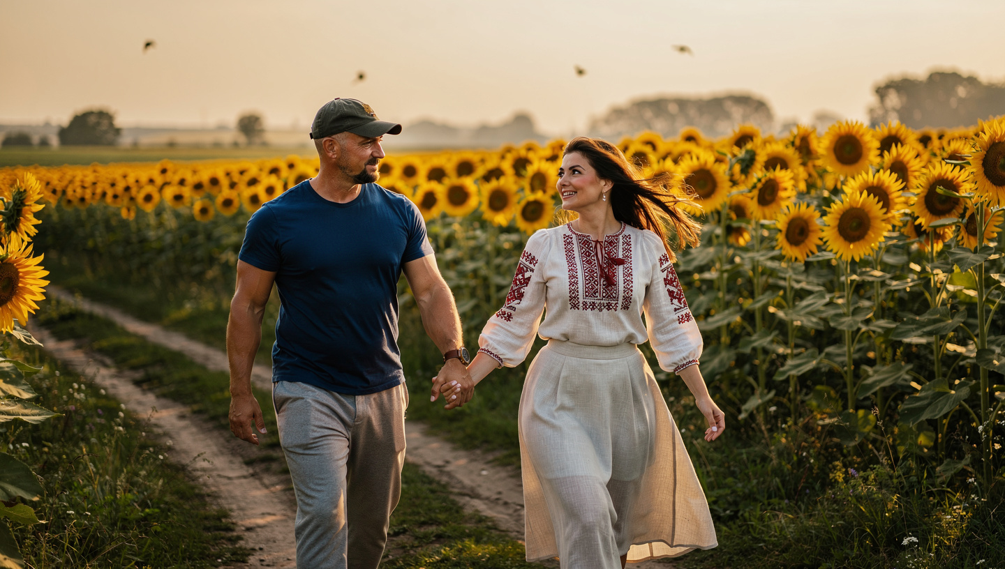 couple walking near sunflower field ukrainian vyshyvanka love connection Step2Love