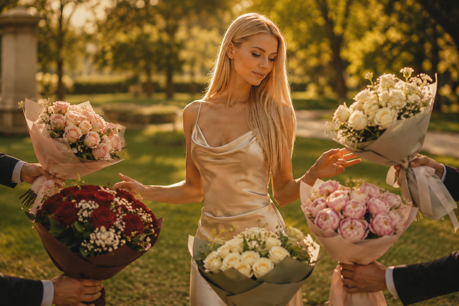beautiful blonde woman receiving romantic flowers on Step2Love