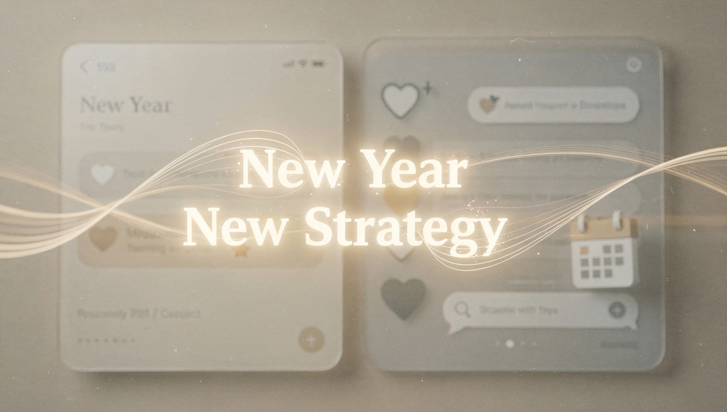 Text reading New Year New Strategy over abstract translucent screens with icons and light waves`