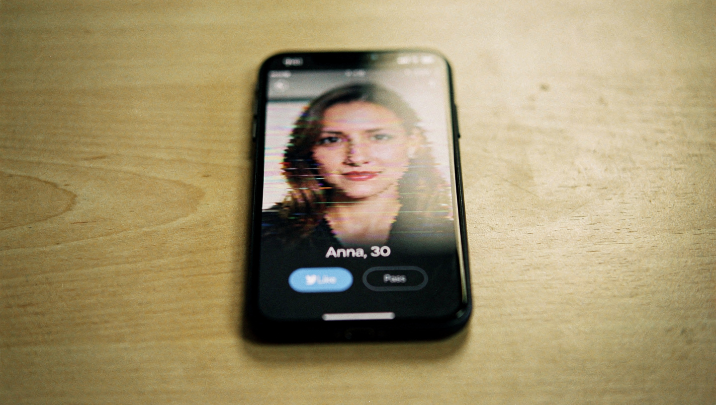 A smartphone resting on a wooden surface displaying a dating profile with a glitch effect