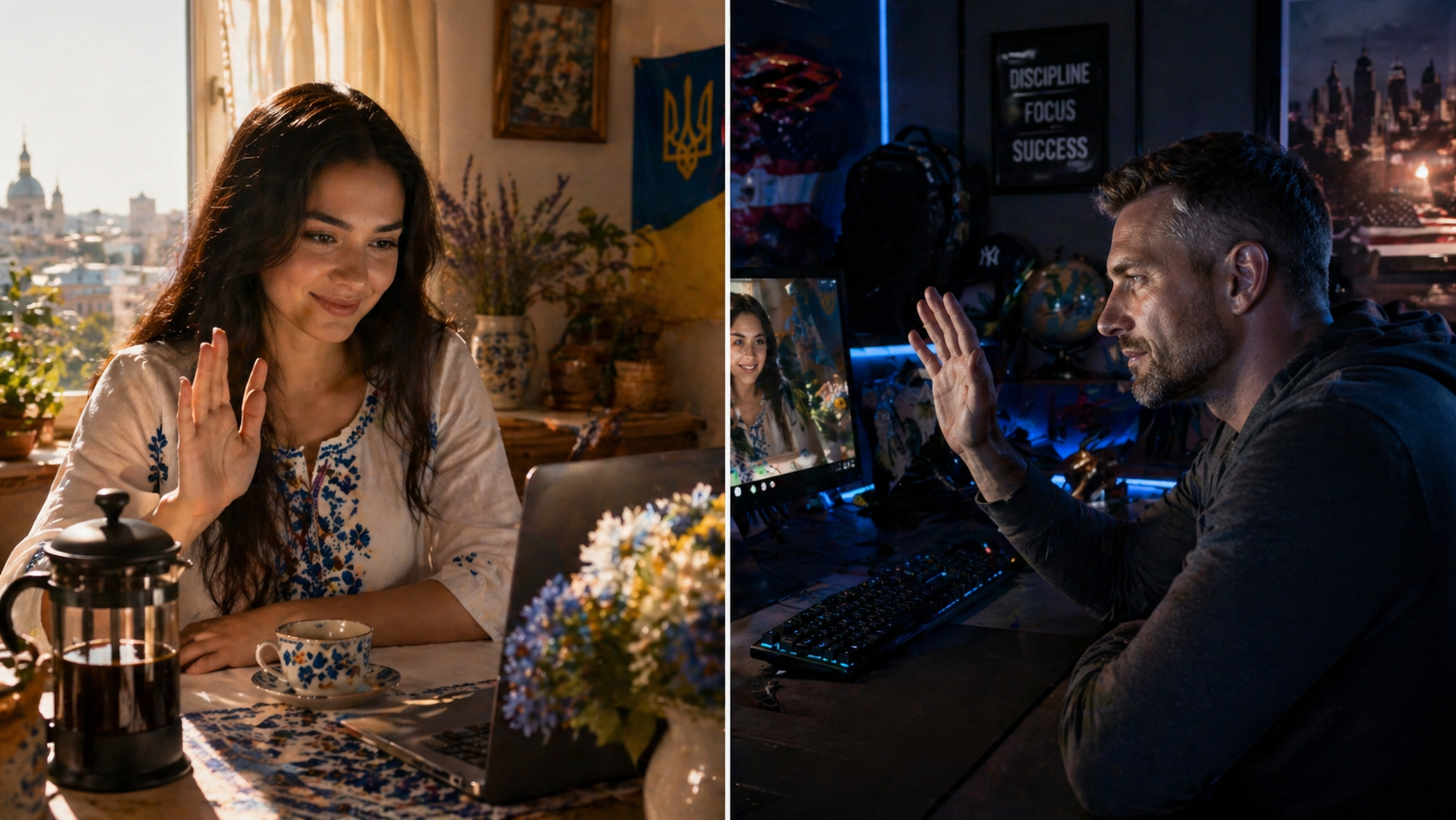 Split screen: A smiling woman in a sunlit room waves while looking at a laptop screen, a man in a dark room waves back.