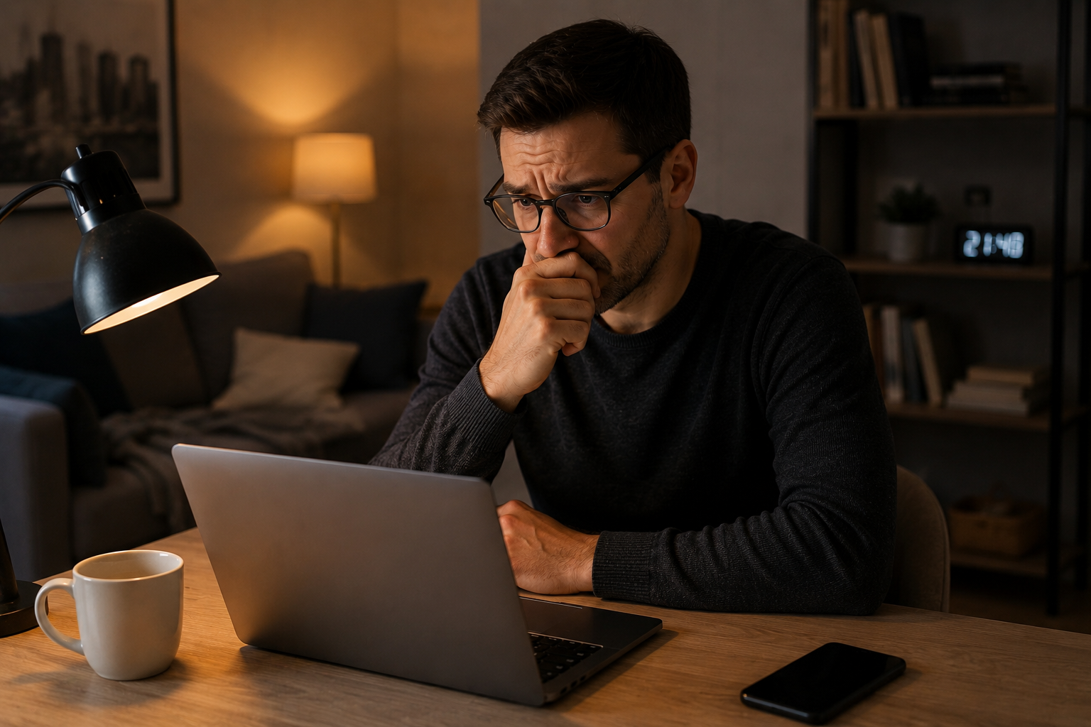 A worried man wearing glasses looking at a laptop screen in a dimly lit room at night
