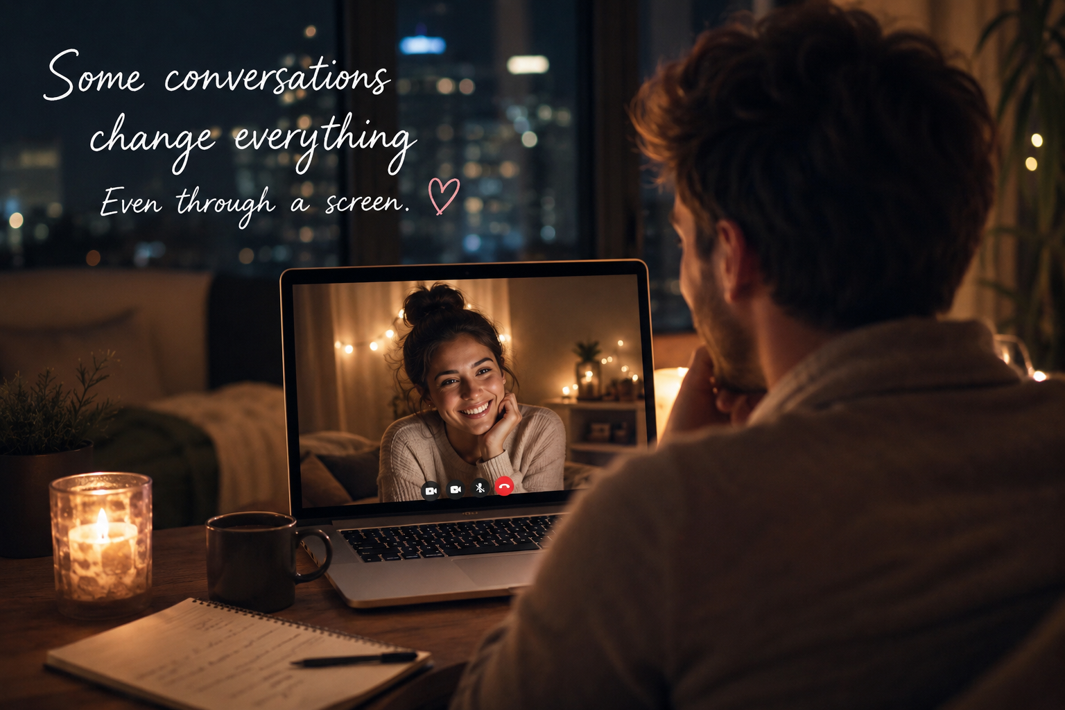 A man on a video call with a smiling woman on a laptop in a cozy, candlelit room at night with visible text overlay.