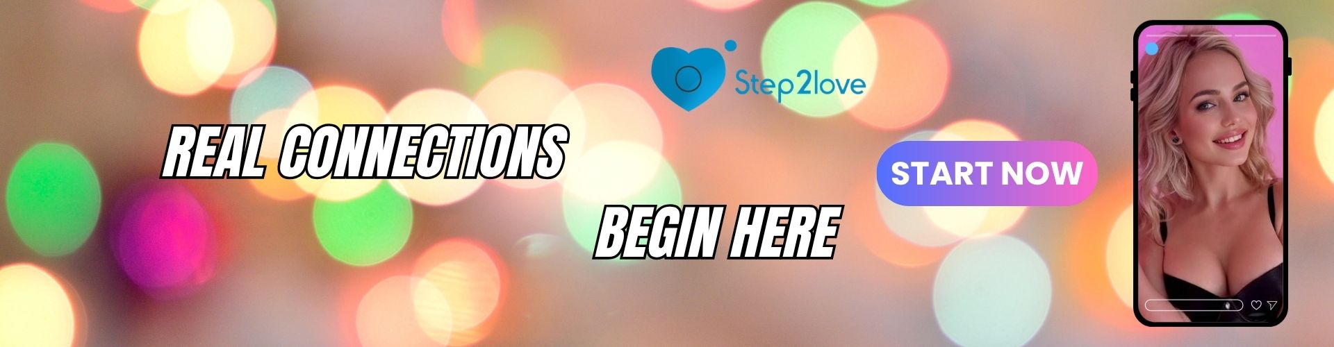 Promotional banner with bokeh lights and a smartphone showing a user profile.
