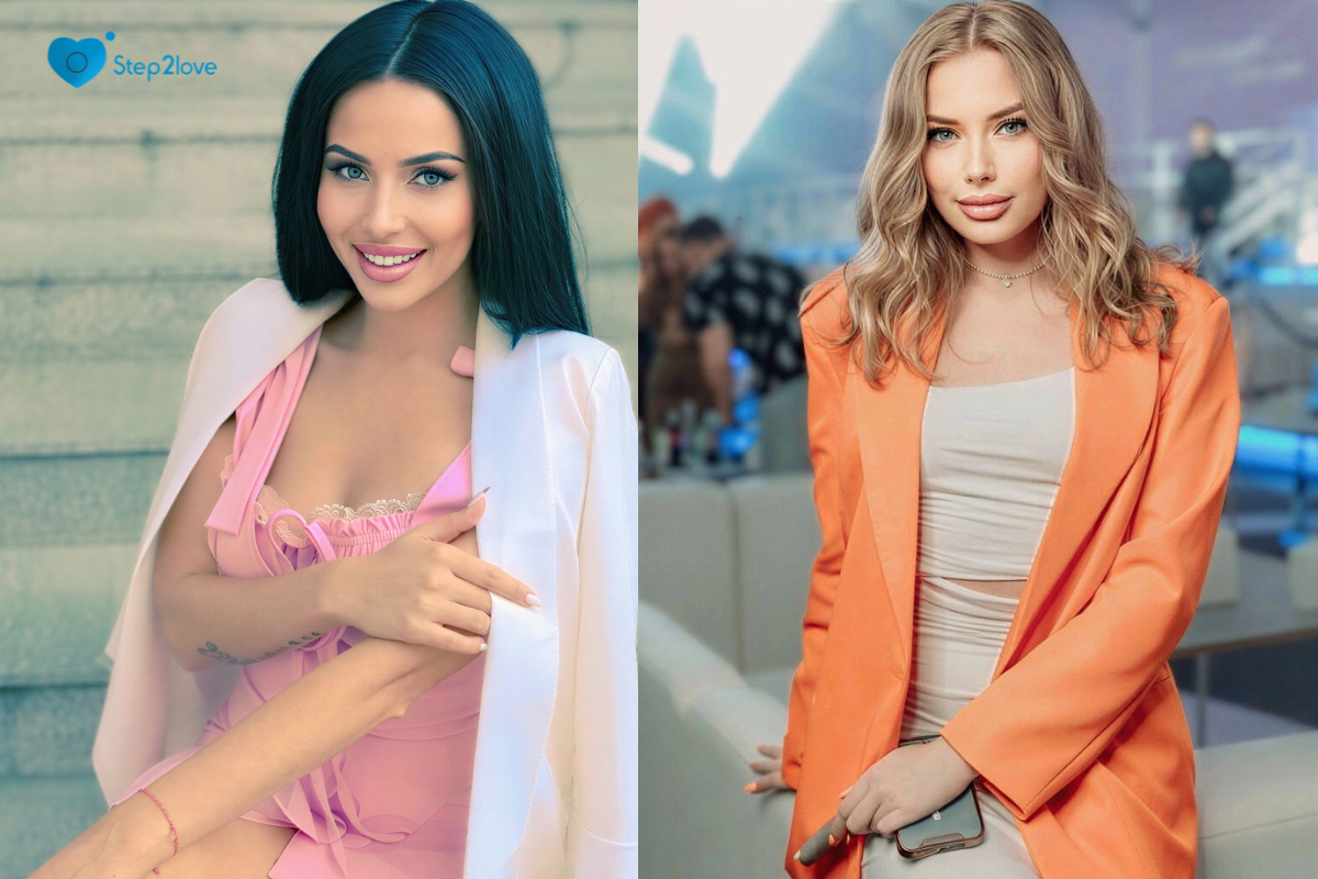Step2Love split-screen portraits: smiling brunette woman in a pink dress and white blazer, and a blonde woman in an orange blazer and white top.