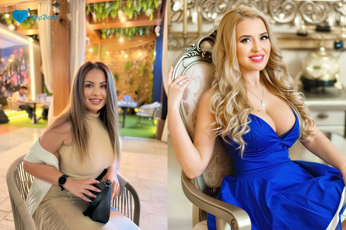 Step2Love split-screen: Woman in beige dress sitting outdoors, smiling; blonde woman in blue dress in ornate indoor chair.
